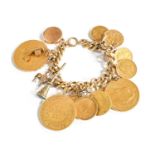 A Curb Link Bracelet, hung with various charms comprising: 11x UK and foreign gold coins, highlights