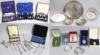 A Collection of Assorted Silver and Silver Plate, the silver including two cased sets of spoons