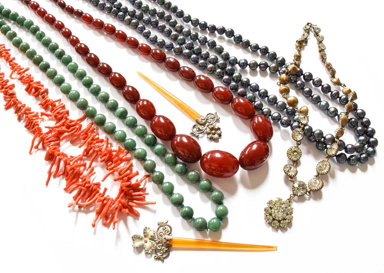 A Quantity of Jewellery, including a paste necklace, an aventurine quartz necklace, a coral branch