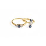 Two Sapphire and Diamond Three Stone Rings, both stamped '18CT' and 'PT'/'PLAT', finger sizes G