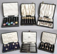 A Collection of Assorted Cased Silver Spoons, including four cased sets of six teaspoons, two