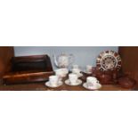 An Attractive Walnut Writing Slope; an Art Deco pink dressing table set; a Royal Crown Derby
