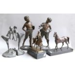 A Pair of Victorian Spelter Figures of Boys, indisitinctly signed, a bronze figure of a classical