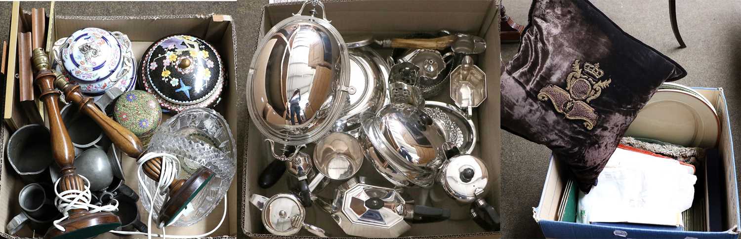 Three Boxes of Decorative Household items including silver plated wares, treen lamp bases, pewter