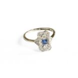 A Sapphire and Diamond Ring, stamped '18CT&PLAT', finger size K1/2Gross weight 2.7 grams.