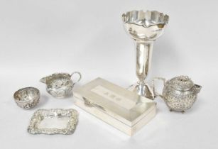 A Collection of Assorted Silver, comprising an oblong cigarette-box, the hinged cover engine-