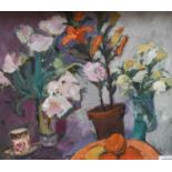 Sheila MacMillan DA PAI (1928-2018) ScottishStill life of assorted flowers, a coffee can and a