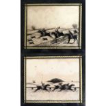 A Pair of Reverse Paintings on Glass, under glass entitled racing and hunting, dated 1826