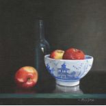 Peter Kotka (b.1951)Apples, bowl and cider bottleSigned, oil on board, 31cm by 28cm