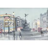 Steven Scholes (b.1952)"Piccadilly Circus London 1962"Signed, inscribed verso, oil on board, 24.