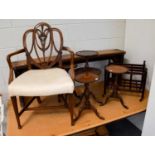 A Collection of Small Furniture, including; a trio of inlaid pedestal tables, a two tier mahogany