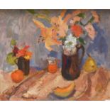 Sheila MacMillan DA PAI (1928-2018) Scottish Still life of Lilies in a brown glazed jug with fruit