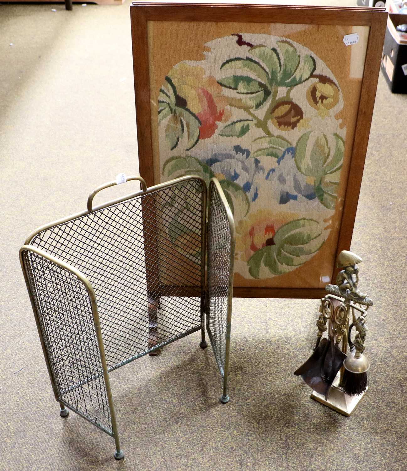 Ornamental Items, including a firescreen with embroidered panel, a brass spark guard, a brass - Image 2 of 4