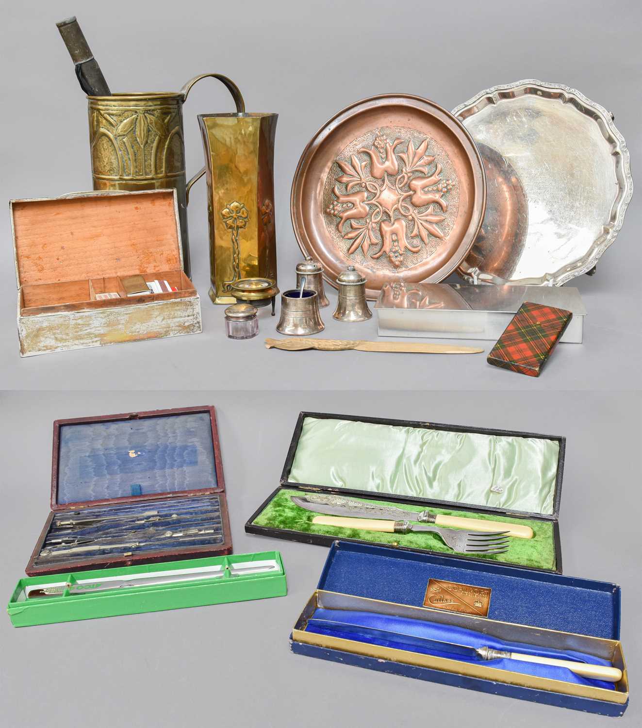 A Silver Cigarette Box, a silver topped glass toilet jar, a Keswick School of Industrial Arts