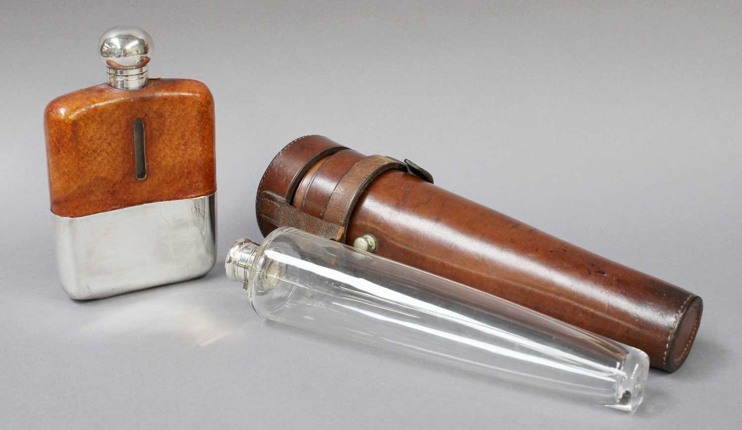 A Silver Plate and Leather Covered Glass Spirit-Flask, by James Dixon and Sons, curved oblong, the