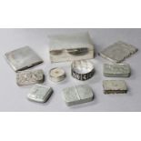 A Collection of Assorted Silver and Other Boxes, including an oblong cigarette-box with engine-