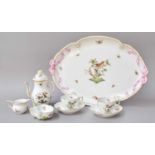 A Herend Porcelain Rothschild Bird Pattern Cabaret Set, comprising; tray, teapot & cover, milk,