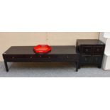 A Lacquered Three Drawer Coffee Table, 150cm by 46cm by 41cm, and similar side cabinet, 52cm by 35cm