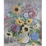Edna Heath (20th Century)Still Life of Sunflowers and Hydrangea's in a jugSigned, oil on board, 60cm