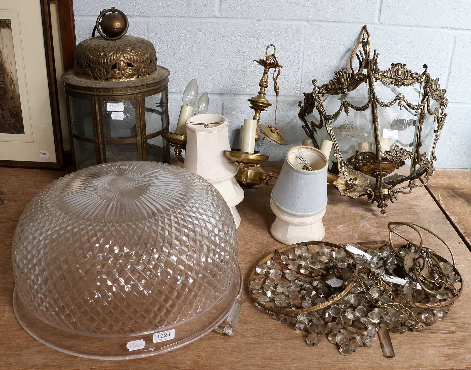 A Brass Framed Three Light Hanging Pendant, with etched glass panels, a pierced brass lantern, a six