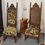 A 20th Century Carolean Style Cane Back Carved Mahogany Open Armchair, and A Smaller Matching Single