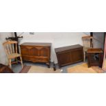 A Group of Furniture, comprising: a 20th century oak blanket box fitted with a base drawer, a