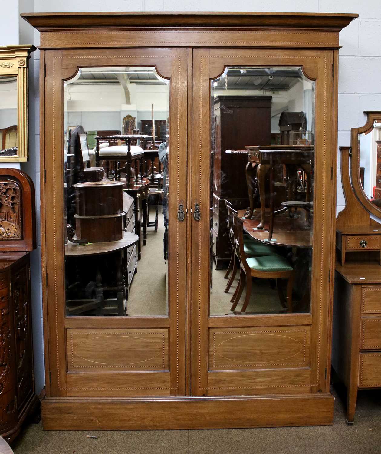 An Edwardian Inlaid Oak Two-Piece Bedroom Suite, comprising: A Mirrored Double Wardrobe, 164cm by - Image 2 of 3