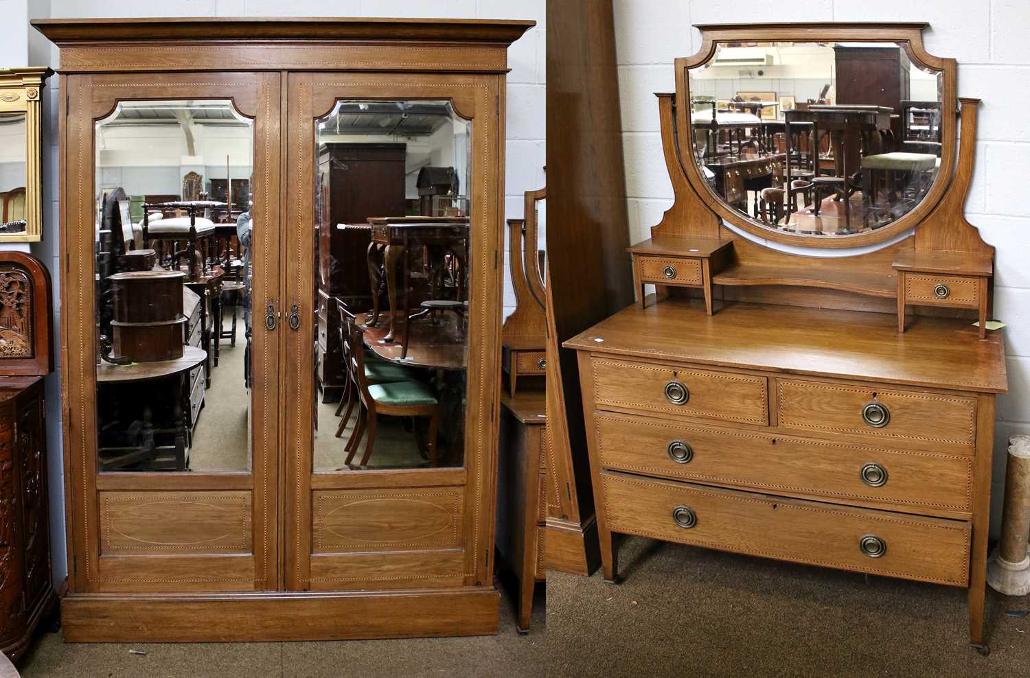 An Edwardian Inlaid Oak Two-Piece Bedroom Suite, comprising: A Mirrored Double Wardrobe, 164cm by