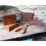 Assorted Kitchenalia, comprising two Raylite card postal egg boxes, two wooden paddles, a wicker