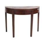 A George III Sheraton Period Mahogany Foldover Tea Table, late 18th century, of D shape form above a