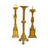 A Victorian Gilt Metal Pricket Candlestick, in Gothic style, with arcaded hexagonal drip pan and