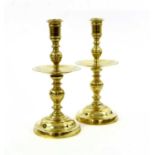 A Pair of Dutch Brass "Heemskirk" Candlesticks, in 17th century style, with urn-shaped sockets and