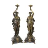 A Pair of French Style Bronzed Figural Lamp Bases, each as a classical maiden standing with arm