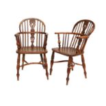 A Pair of Mid 19th Century Yew and Ash Windsor Armchairs, the double pierced splats above turned