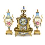 A Gilt Metal and Porcelain Mounted Striking Mantel Clock with Garniture, circa 1890, case with