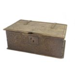 An Oak Marriage Box, 17th century, of rectangular form, the hinged cover incised with two hearts