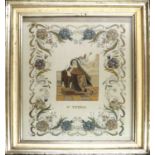 A Needlework Picture, mid 19th century, depicting a kneeling St Theresa overlooked by an angel,