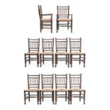 A Set of Ten (8+2) Stained Beech and Rush-Seated Dining Chairs, 20th century, with turned spindle