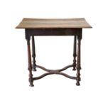 A Charles II Joined Oak Side Table, late 17th century, the two-plank top above a plain frieze, on