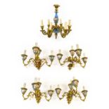 A French Gilt Metal and Porcelain Five-Branch Chandelier, 1st half 20th century, with Sevres style
