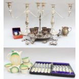A Clarice Cliff Bonjour Part Coffee Set, together with a small quantity of silver and silver