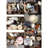 Seven Boxes of Assorted Pottery, China and Glassware, including Staffordshire figure, Denby,