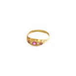 An 18 Carat Gold Ruby and Diamond Five Stone Ring, finger size SGross weight 3.6 grams.