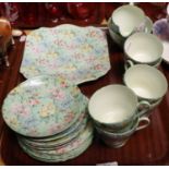 A Shelley Melody Six Place Setting TeasetSugar bowl with crack. No other damage to the service.