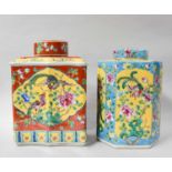 Two Chinese Porcelain Ginger Jars and Covers, decorated with birds on coloured grounds, printed