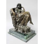 A Reproduction Bronze Figure of a Seated Maiden, on stepped verdi antico marble plinth, 41cm