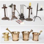 Four 18th century Bronze Pestle and Mortars, together with an iron rushnip and similar items (one