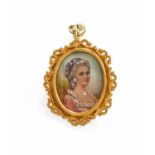 An 18 Carat Gold Brooch/Pendant, depicting a maiden, in a scroll frame, measures 4.6cm by 2.8cmGross