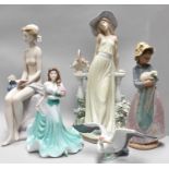 A Collection of Lladro, Royal Doulton and Coalport Figures and Bird Models (two trays)Parasol
