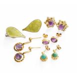 Five Pairs of Earrings, comprising of a pair of synthetic sapphire drop earrings, stamped '375',